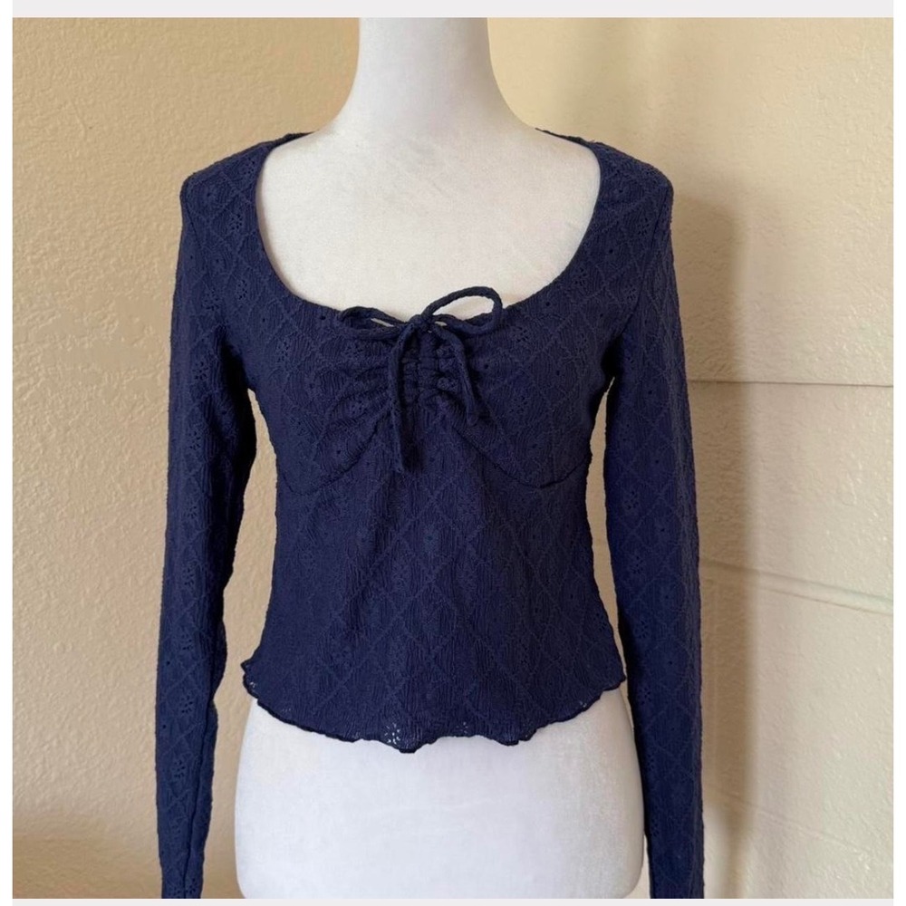 Cotton On Pointelle Tie Front Top Womens Small Navy Blue Long‎ Sleeve Fairycore